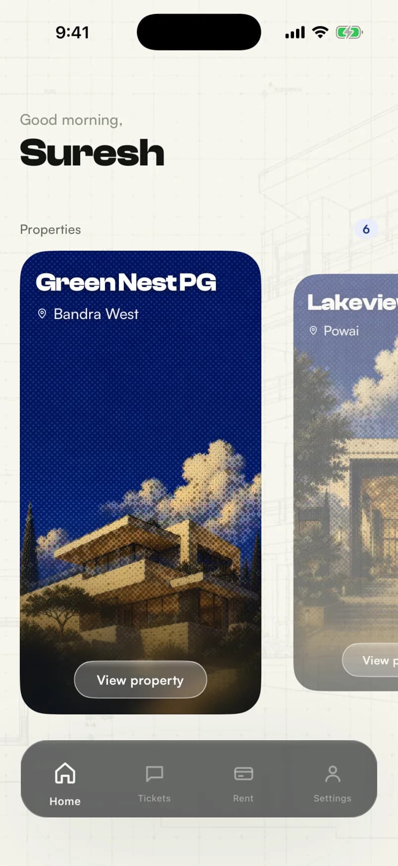 getstayz owner app home screen listing the owner's properties, starting with Green Nest PG in Bandra West