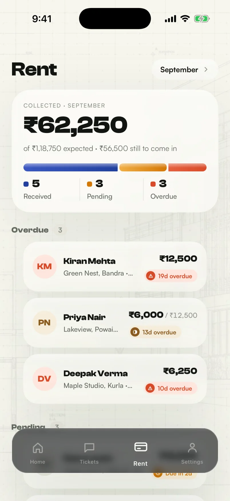 getstayz owner app rent screen: ₹62,250 collected of ₹1,18,750 expected, with three overdue residents listed