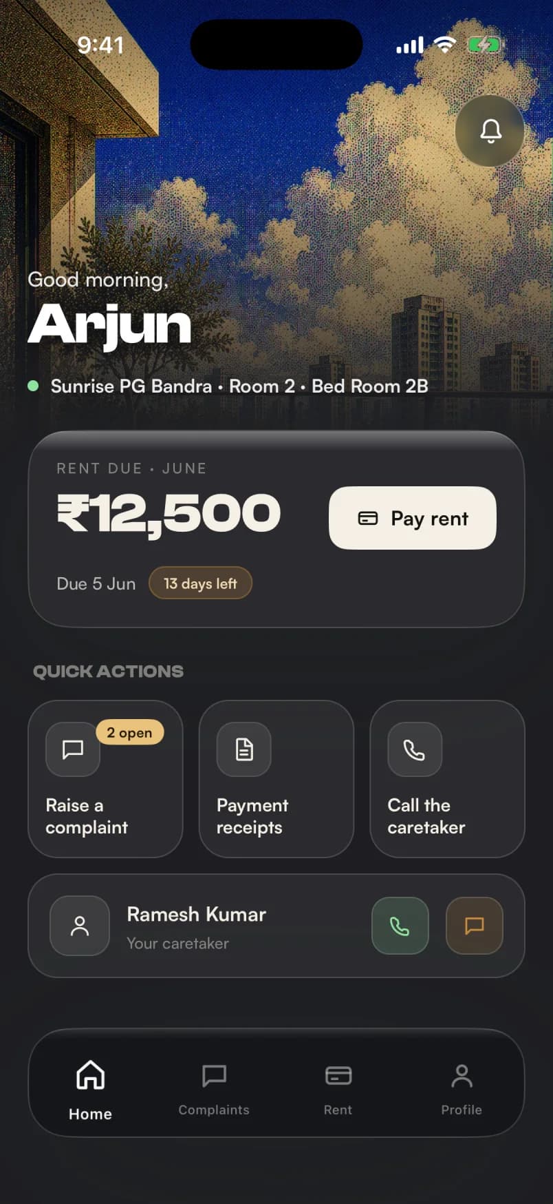 getstayz resident app home screen: ₹12,500 rent due with a Pay rent button, plus quick actions to raise a complaint, see receipts or call the caretaker